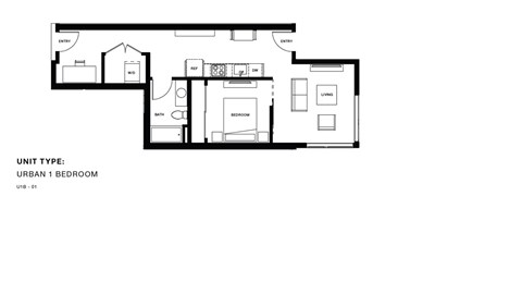 Floor plan for 1 bed, 1 bath, 657 sqft